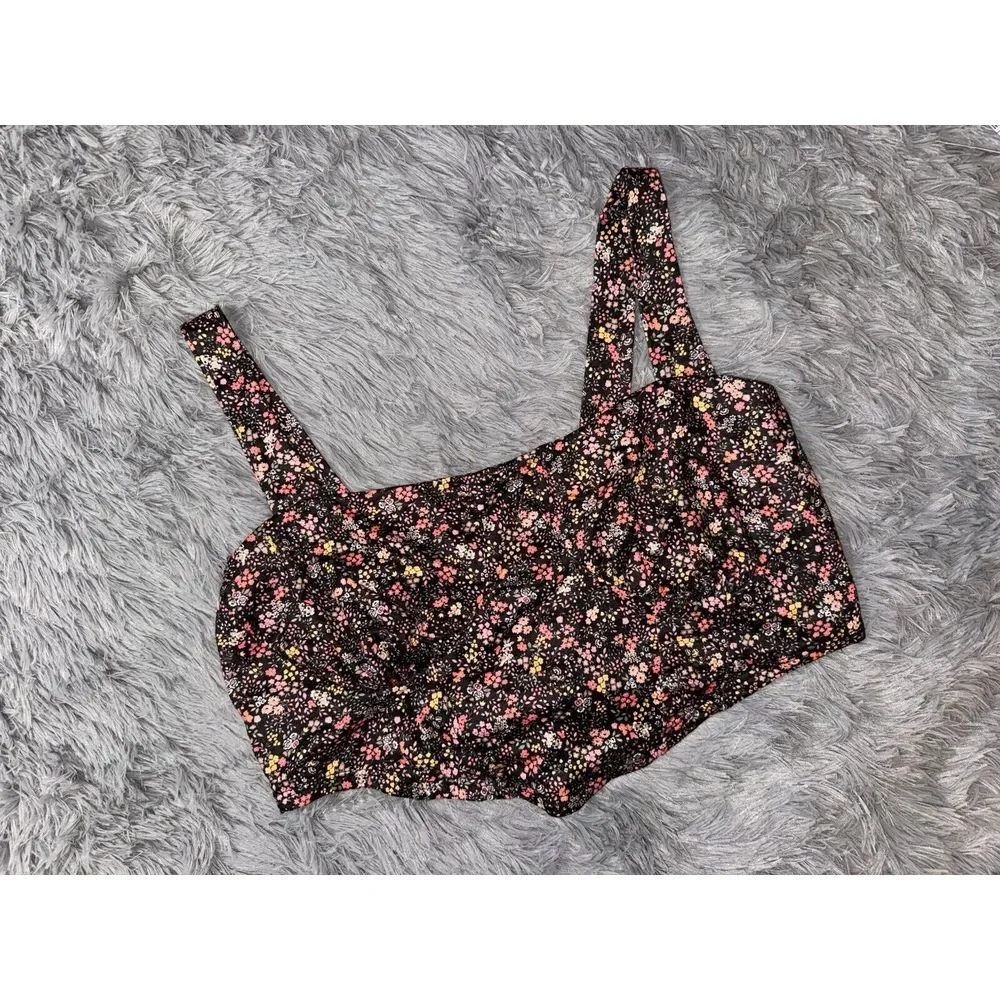 Lulu's XL Bloom In Black Wide Leg Trouser And Bustier Crop Black Floral‎ NWT